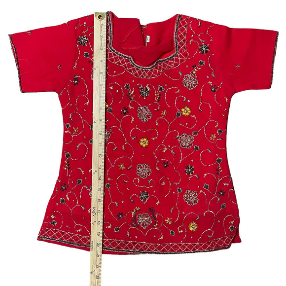 Embellished Red Indian Skirt and Top Sari Set Traditional Wedding Womens Size 30 - Picture 7 of 14